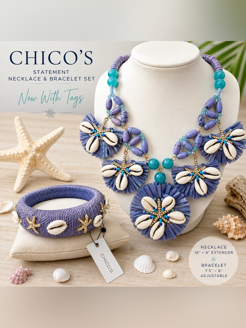 NWT Chico’s Coastal Shell Starfish Statement Bib Necklace & Bracelet Set 18-22”